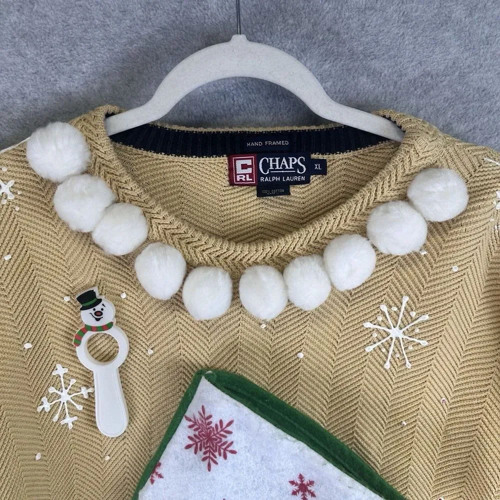 Vintage Hand Framed Ralph Lauren Chaps XL Ugly Christmas Cable Knit Sweater Sock